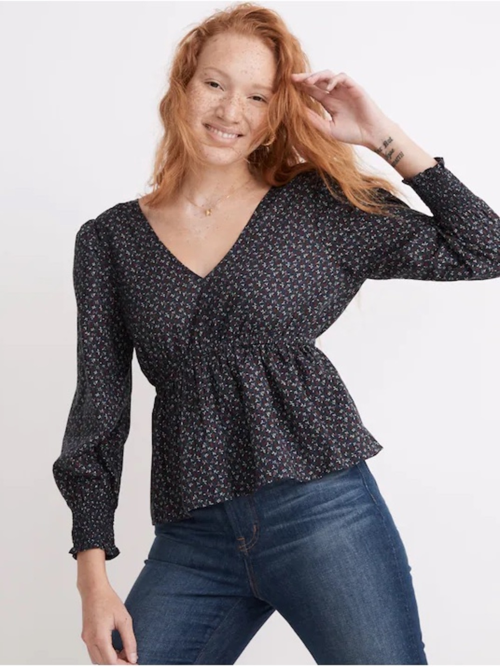 Madewell Sz M Deep Indigo Tie-Back Peplum Cotton V-Neck Top in Campden Daisies
